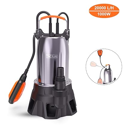 TACKLIFE Schmutzwasserpumpe, 1000W Tauchpumpe, Edelstahl-Kellerpumpe für beladenes Wasser (max. 2, 0000 l/h, 9m Förderhöhe, 7