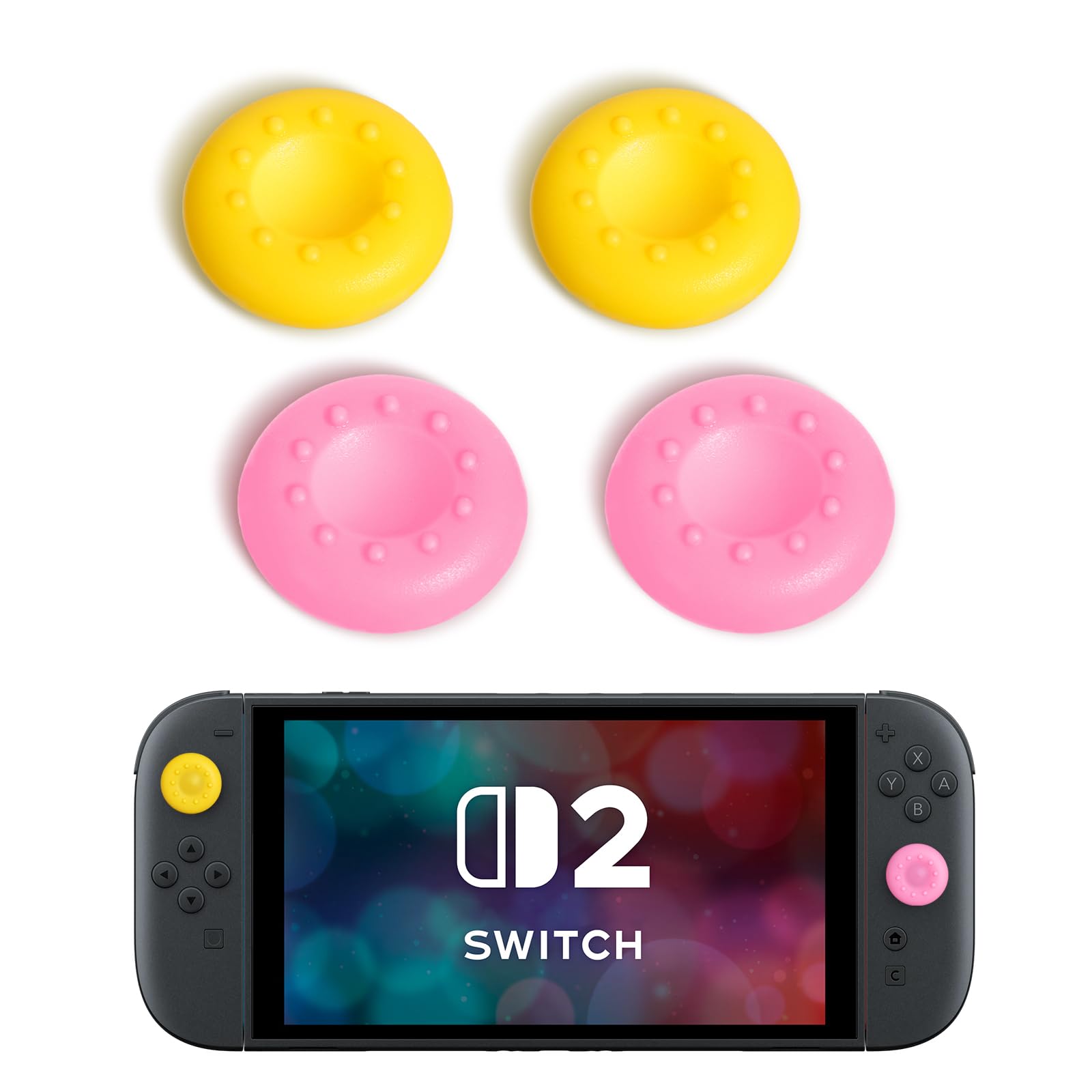 DLseego 4PCS Thumb Grips Designed for Nintendo Switch 2 (2025), Soft Silicone Joycon Analog Controller Protective Anti-Slip Cover Button Joy Con Joystick Caps Covers, Circle Deaign - Pink Yellow