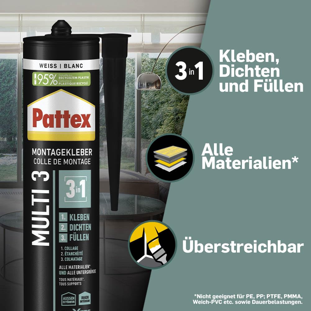 Pattex Montage Multi 3, 3in1 Montagekleber, starker Kraftkleber für fast alle Materialien*, wetterbeständiger Baukleber für innen und außen**, weiß, 1x390g Kartusche 2