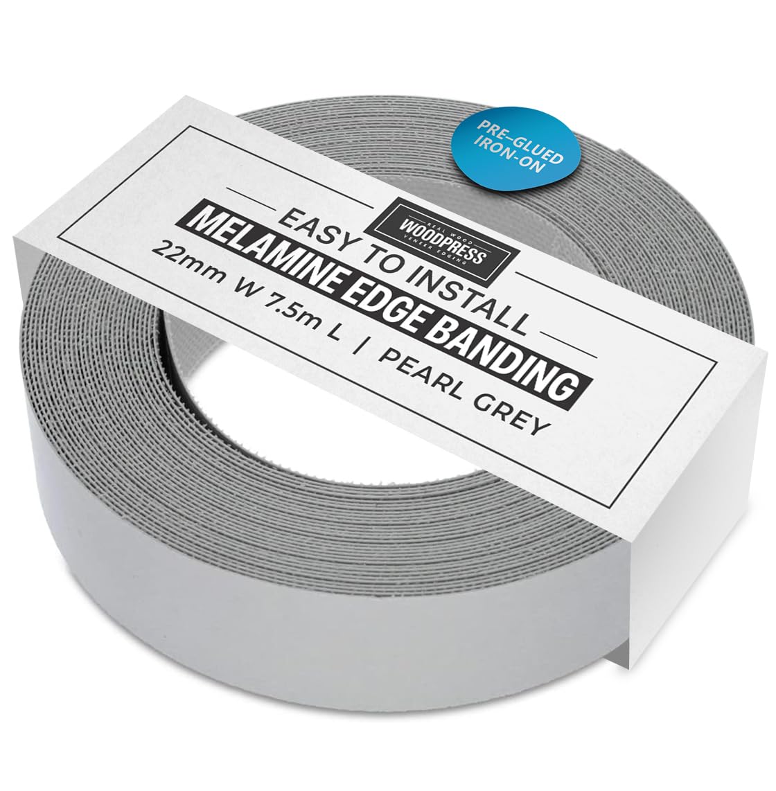 WoodPress® 22mm Pearlised Grey Melamine Edging, Pre-Glued Veneer Tape – 7.5m Roll - Iron-On for Easy DIY Application – Will Cover the Edge of a Standard MDF Panel