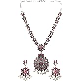 Efulgenz Indian Oxidized Jewelry Indian Jewelry Sets for Women Floral Faux Pearl Drop Antique Boho Pendant Crystal Stone Necklace Sets Dangle Earrings Choker Necklace Earrings Set Bohemian Jewelry Set for Women
