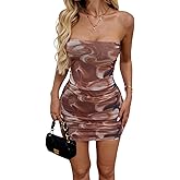 AVZXSA Women's Strapless Ruched Mini Dress, Lined Print Mesh Sexy Short Bodycon Party Club Tube Dresses