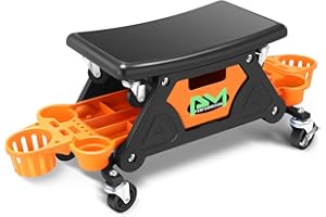 PM PERFROMOTOR PM PERFORMOTOR Mechanic Stool - 25-1/2" x 13" x 12" (L x H x W), Rolling Work Seat w/Lockable Swivel Wheels and Storage Tool Tray, Orange,PM-TOL-CRS-OG