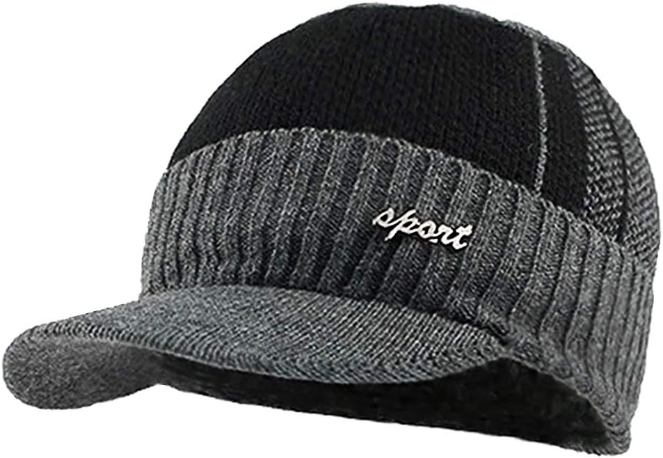 YOYEAHMen's Outdoor Newsboy Hat Winter Warm Thick Knit Beanie Cap Fleece Lined Skull Ski Cap with Visor Gray