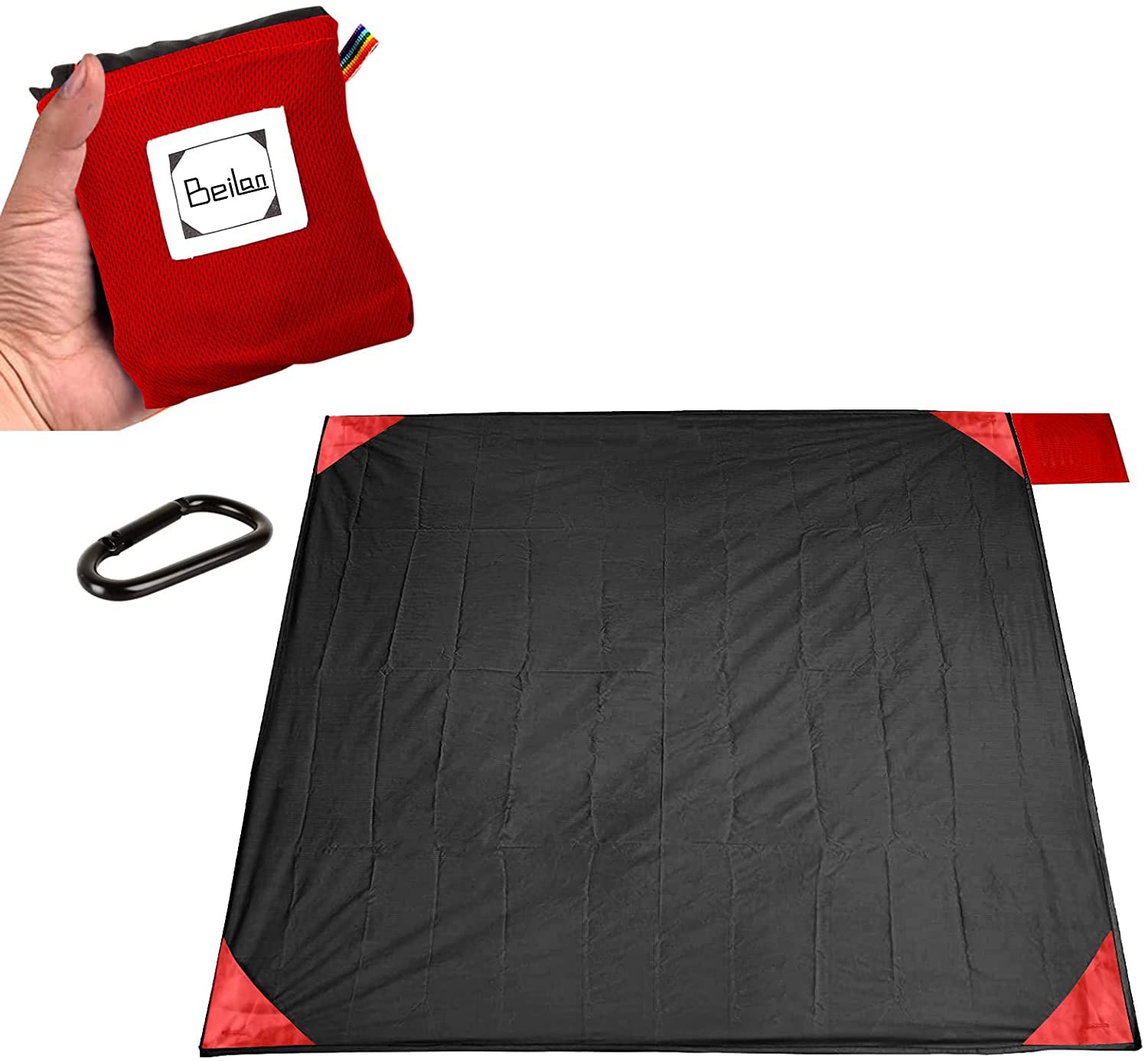 BeiLan Mini Pocket Picnic Blanket Durable Lightweight Waterproof Sand Proof Beach Camping Travel Mat Foldable Thin Ground Sheet for Outdoors Activities (200 * 210cm, Black & Red)