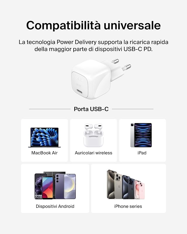 BoostCharge Caricabatteria da parete Compatto da 30W, Caricatore USB-C PD rapido da viaggio per Apple iPhone 17, Air, 16, Samsung Galaxy, iPad, AirPods, Tabletas, Pixel, Tablet e altro - Bianco