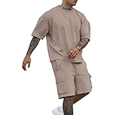 YawYews Men's 2 Piece Outfits Casual Tracksuit Cargo Shorts Summer Athletic Drop Shoulder Sleeve Sportwear Set