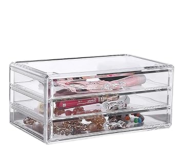 Amazon Com Lanscoery Acrylic Cosmetic Organizer Jewelry Storage Case Makeup Display Box 3 Drawers With Mat For Bathroom Dresser Vanity And Countertop Beauty