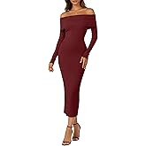 Simlakey Women's Off Shoulder Bodycon Sweater Dress Long Sleeve Fall Maxi Dress Elegant Cocktail Party Long Dresses