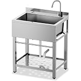 Stainless Steel Utility Sink Freestanding Single Bowl Garage Sink 25 Inch | Shop Sink for Laundry Room Basement Garden Kitchen Pet Care Outdoor Indoor, w/t Cold &amp; Hot Water Lines Standard P-trap 11 gal