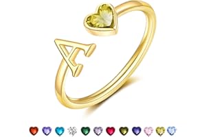 GLEZZA Stocking Stuffers - Initial Rings for Women Teen 14K Gold Plated Birthstone Rings Stackable Dainty Letter Rings Christmas Birthday Birthstone Jewelry Gifts for Mother Daughter,Adjustable Size 5-10