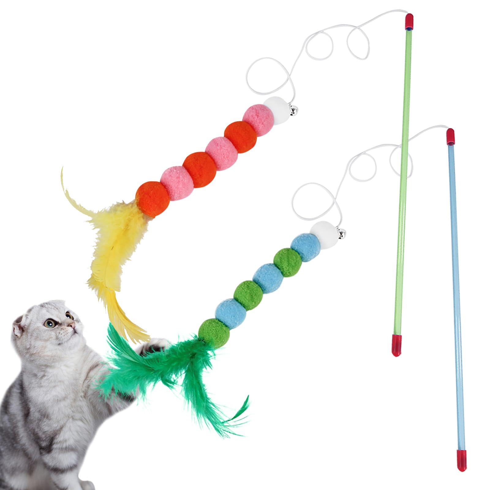 Feibety 2Pcs Cat Wand Toys,Cat Feather Toys with Bell and Plush Balls,Colourful Interactive Kitten Teaser Pet Toy Feather Chaser Wand for Cat Indoor Playing Exercising Training (Yellow + Green)