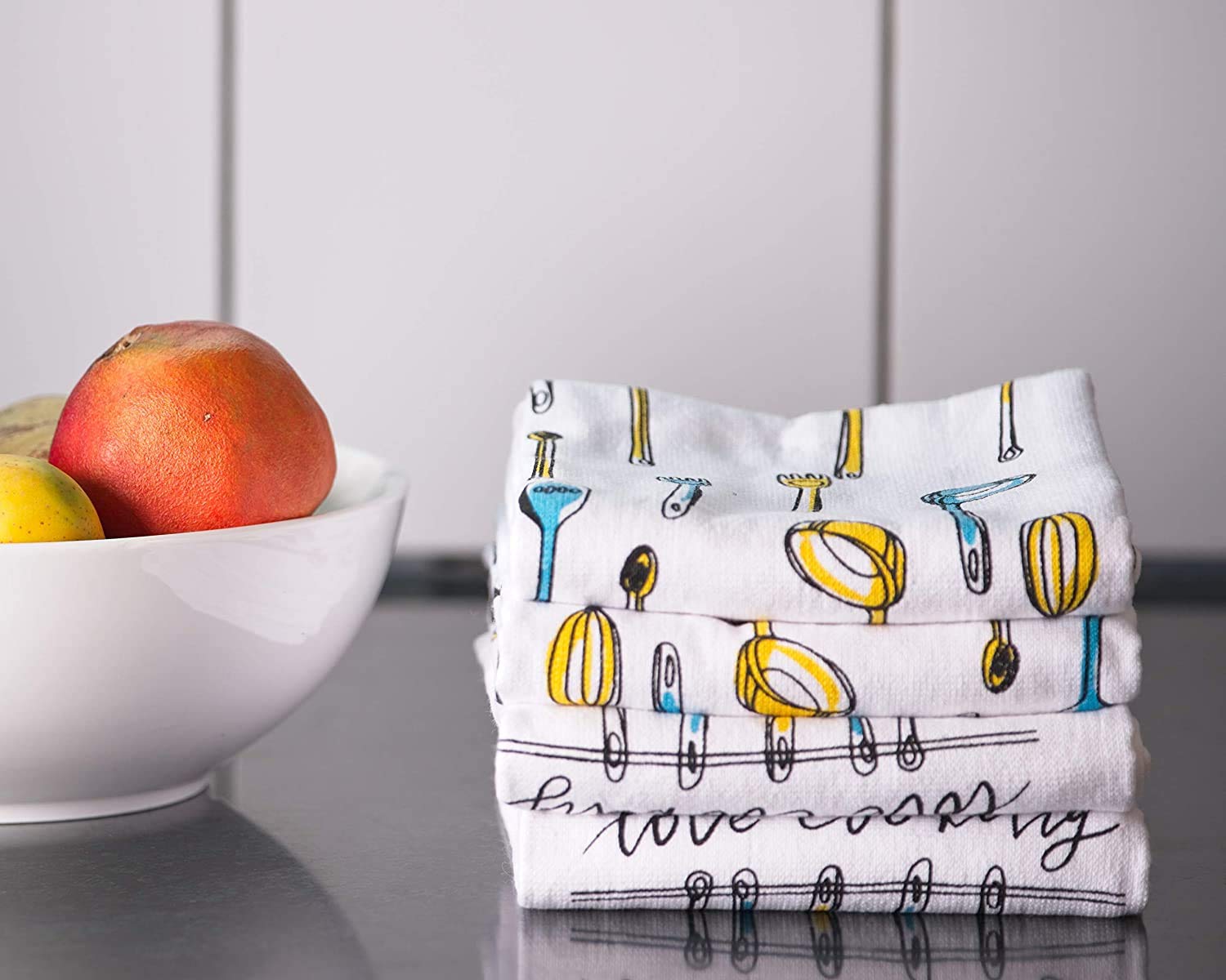 Penguin Home® Fouta Style-Set of 4 Terry Tea Towels Spoon Designs-100% Super Soft, Durable and Absorbent-Quick Dry, Cotton, White/Yellow & Blue, 45 X 70 cm