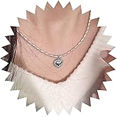 Iaceble Boho Small Heart Choker Necklace Love Heart Pendent Necklace Silver Oval Beaded Necklace Puffed Heart Necklace Chain Jewelry for Women