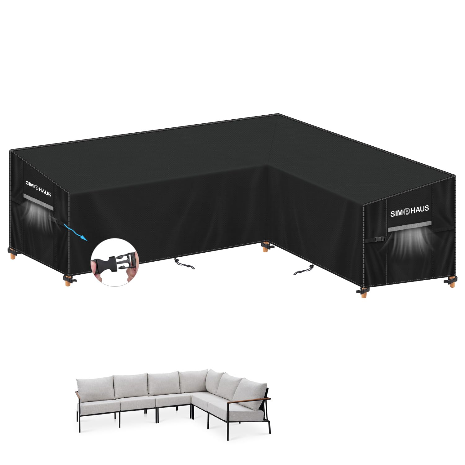 SIMPHAUS L Shaped Garden Furniture Covers Left Side Long Garden L Shaped Sofa Cover Waterproof Outdoor Corner Sofa Covers Windproof Anti-UV 420D Heavy Duty Oxford Fabric 240x180x90x80/60cm