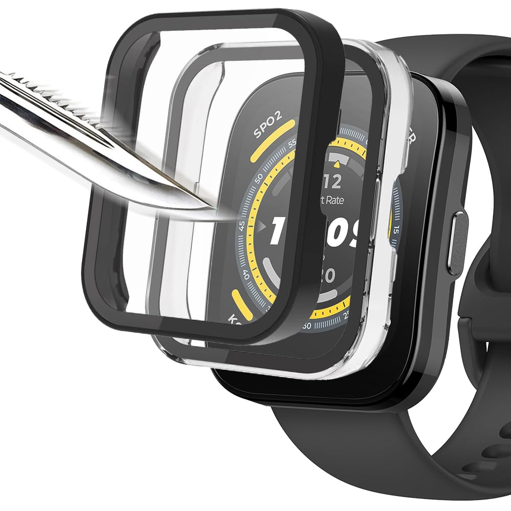 Msiall With Tempered Glass Screen Protector Protective Case Compatible with Amazfit Bip 5, Hard PC All-Round Screen Protector Ultra Thin Bubble-Free Against Scratches Protective Case Transparent Black