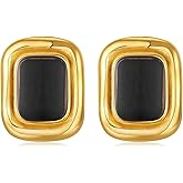 Chunky Gold Earrings Vintage Square Earrings Women Black and Gold Statement Earrings 18K Gold Stud Non Tarnish Stainless Steel