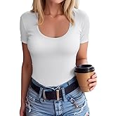 SANDERY Summer Women's Scoop Neck Short Sleeve Shirts Ribbed Slim Fitted Casual Basic Top Blouses