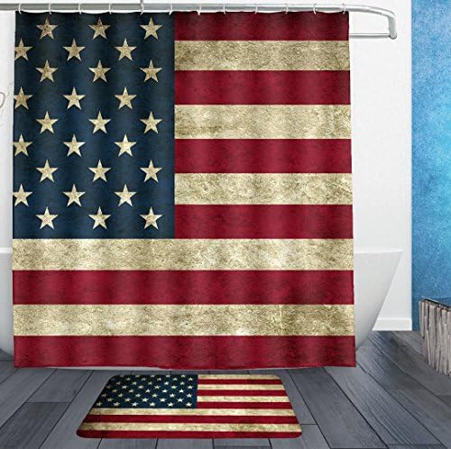 SWEET TANG Shower Curtains With Hooks and bath rug mat - vintage American USA flag Bath Curtain Liner - Waterproof Polyester Fabric Bathroom Decor Set - 72x72/18x36