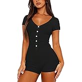 LEEDYA Women's Short Sleeve Rompers Summer V Neck Casual One Piece Shorts Jumpsuit Bodycon Pajama Set Onesie Sleepwear