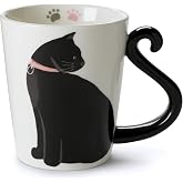 VOTUM Black Cat Coffee Mug, Novelty, 12 oz White Ceramic Tea Cup | Handmade with Tail Handle and Paw Prints Inside, Gift for Cat Lovers, Women, Men, Birthday or Holiday Present