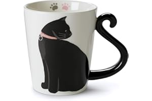 VOTUM White Ceramic Coffee Mug or Tea Mugs: Animal Shaped Coffee Mugs with Hand Printed Designs and Printed Saying - 12 Fluid Ounce Large, Cute Handmade Cup (Cat Coffee Cup Ceramic) Black Cat Gifts