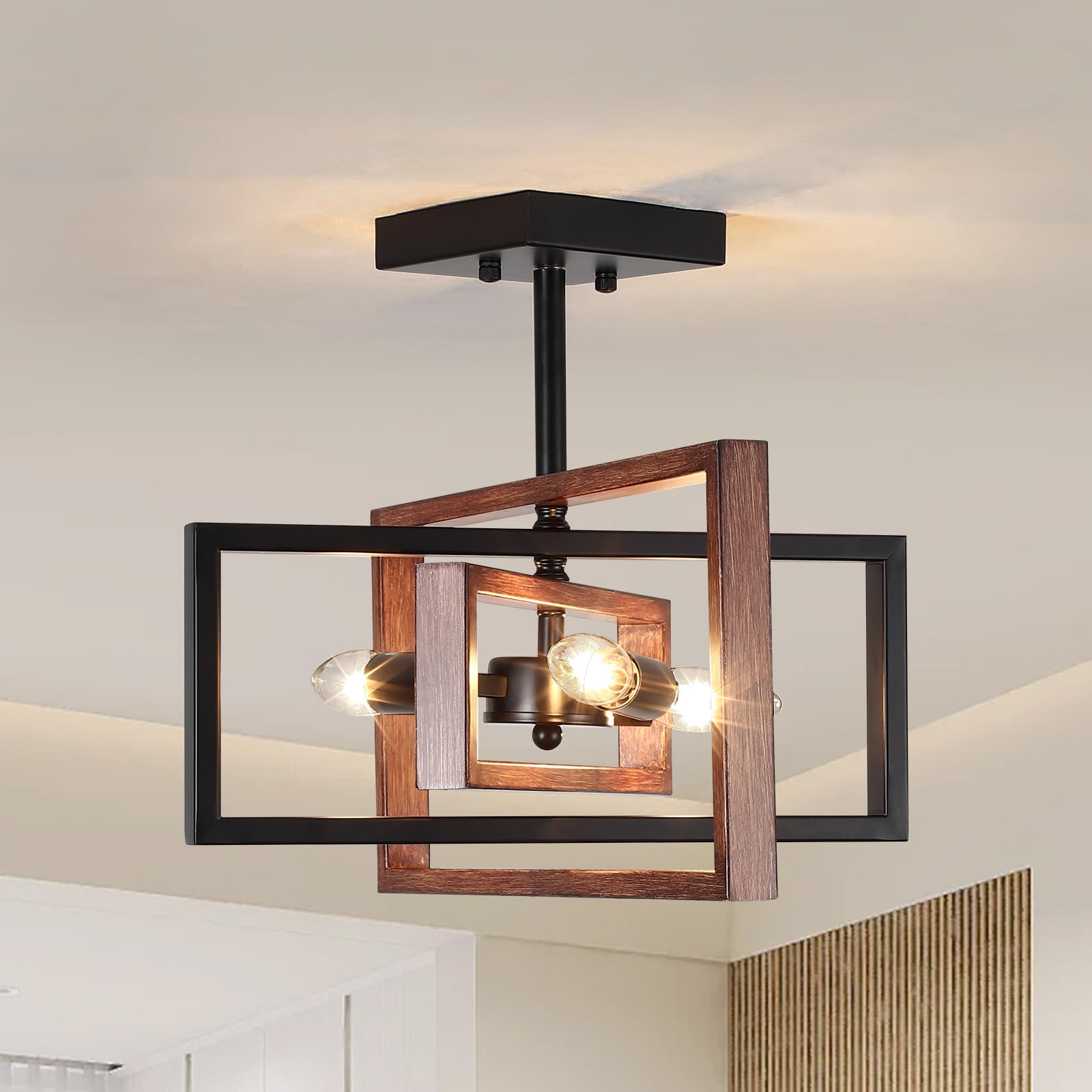Photo 1 of Juhoural 3-Lights Industrial Ceiling Light,Rectangle Semi Flush Mount Light Fixture with Metal Square Frame Modern Chandelier for Kitchen Living Room Bedroom Hallway Entryway,Faux-Wood Color Finish