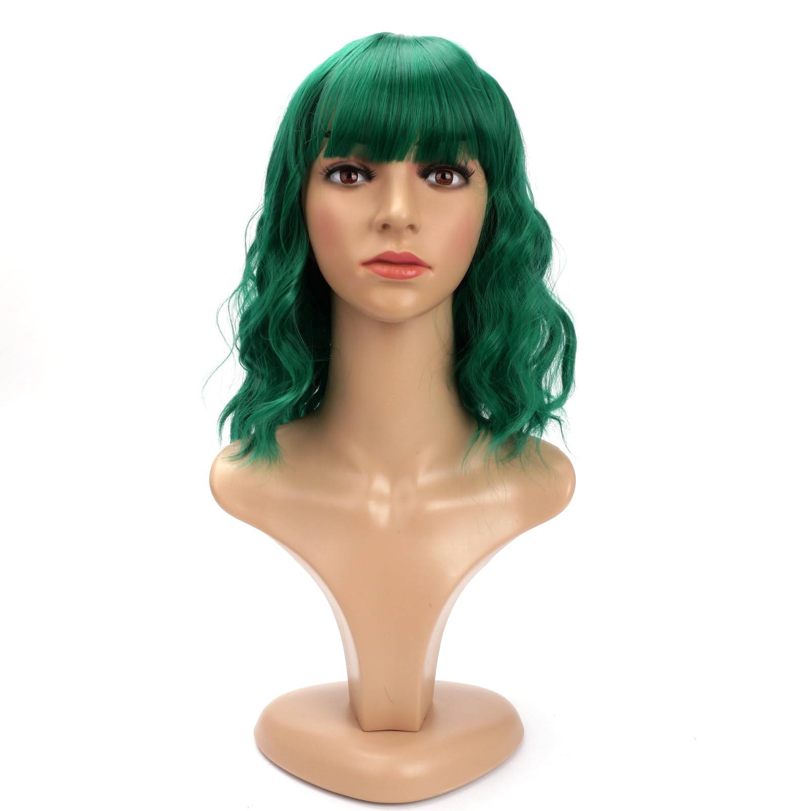 BERRYLION Wigs for Women|Short Bob Wig with Bangs|Synthetic Wavy Bob Wig With Air Bangs (Green)