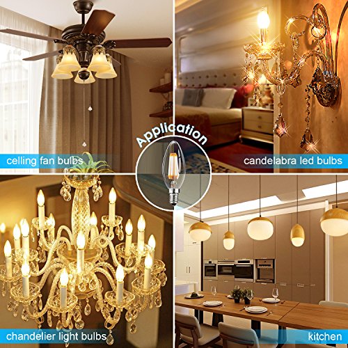 E12 LED Bulbs Candelabra LED Light Bulbs with E12 Base 40W Equivalent Halogen Replacement Warm White 2700K 4W Filament Candle Light Bulbs with 400 Lumen 6 Packs by COOWOO