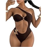 SweatyRocks Women's Cut Out One Shoulder One Piece Swimsuit Ring Linked Monokini Bathing Suit Swimwear