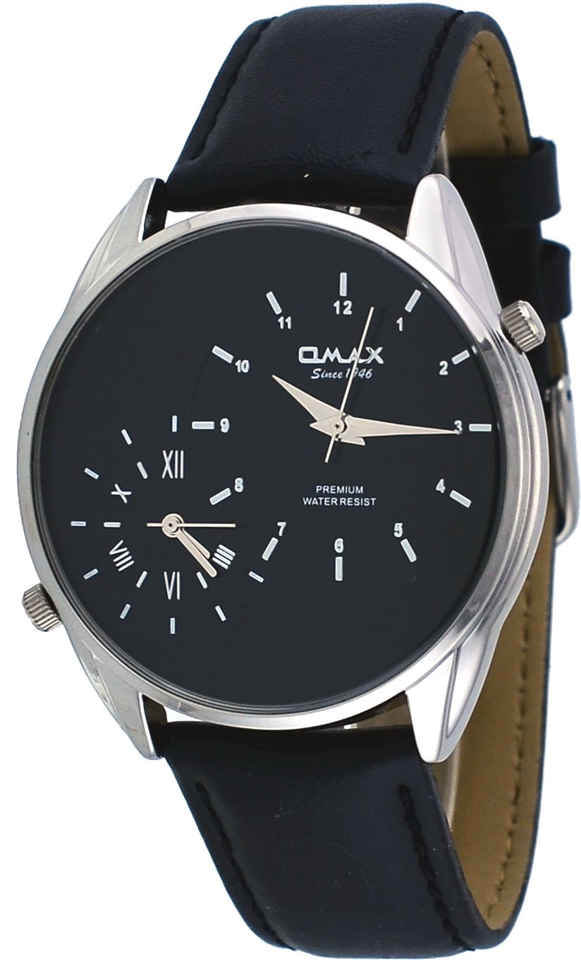 Omax S002N221 Men's Black Leather Band Black Dial Dual Time Zone Watch