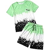 Arlubiya Kids Tween Boy Casual Clothing Set Letter Graphic Colorblock Tee +Shorts Summer Clothing Set