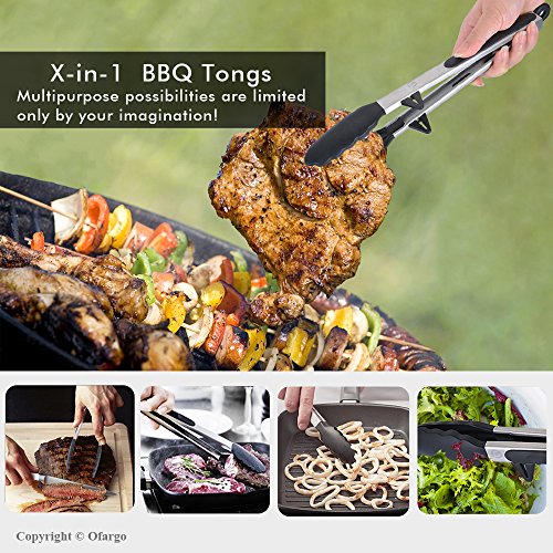 Kitchen Tongs, Ofargo Non-Stick Cooking Tongs Stainless Steel, Serving Gadgets with Heat Resistant Silicone Tips Stands Locking Clip Food-Grade for BBQ Grill Kitchen (9"+12" 2-Pack, Black)
