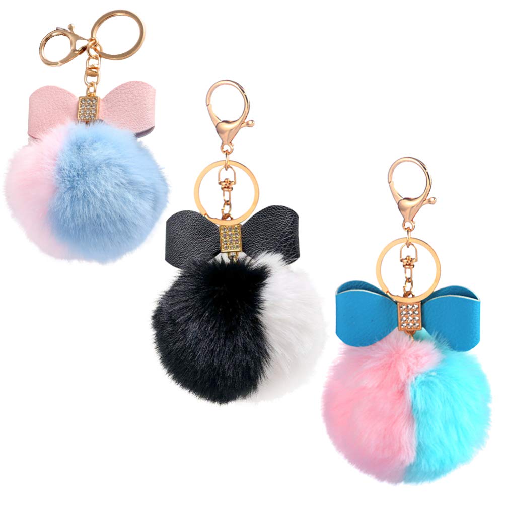 Amosfun Pom Poms Keychains Rhinestone Bow Charm Keyring Bag Pendant Holiday Keychain Key Holder Valentines Day Gift For Women Car Bag Wedding Random Color 3Pcs