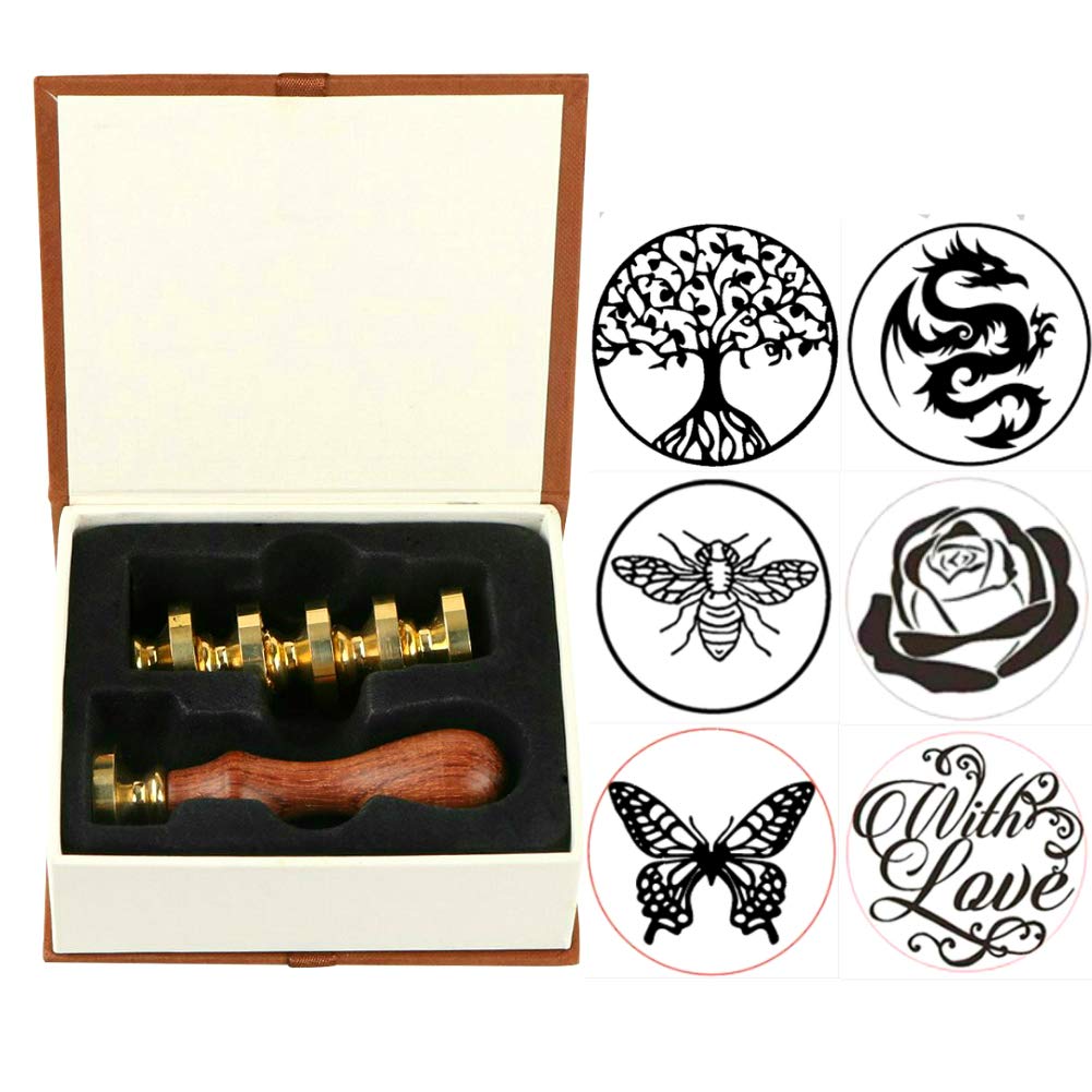 ANBOSE Bee Wax Seal Stamp Set, 6 Pieces Copper Seals + 1 Wooden Hilt, Brown, Gift Sealing Wax Stamp Kit for Letter Cards Invitations