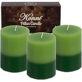 KONNI Green Layered Pillar Candles Set of 3, 3"x 4" Unscented Pillar Candles Bulk, 39 Hours Long Burning Candles, Smokeless&Dripless Large Round Candle for Wedding, Home Decoration, Parties, Dinner