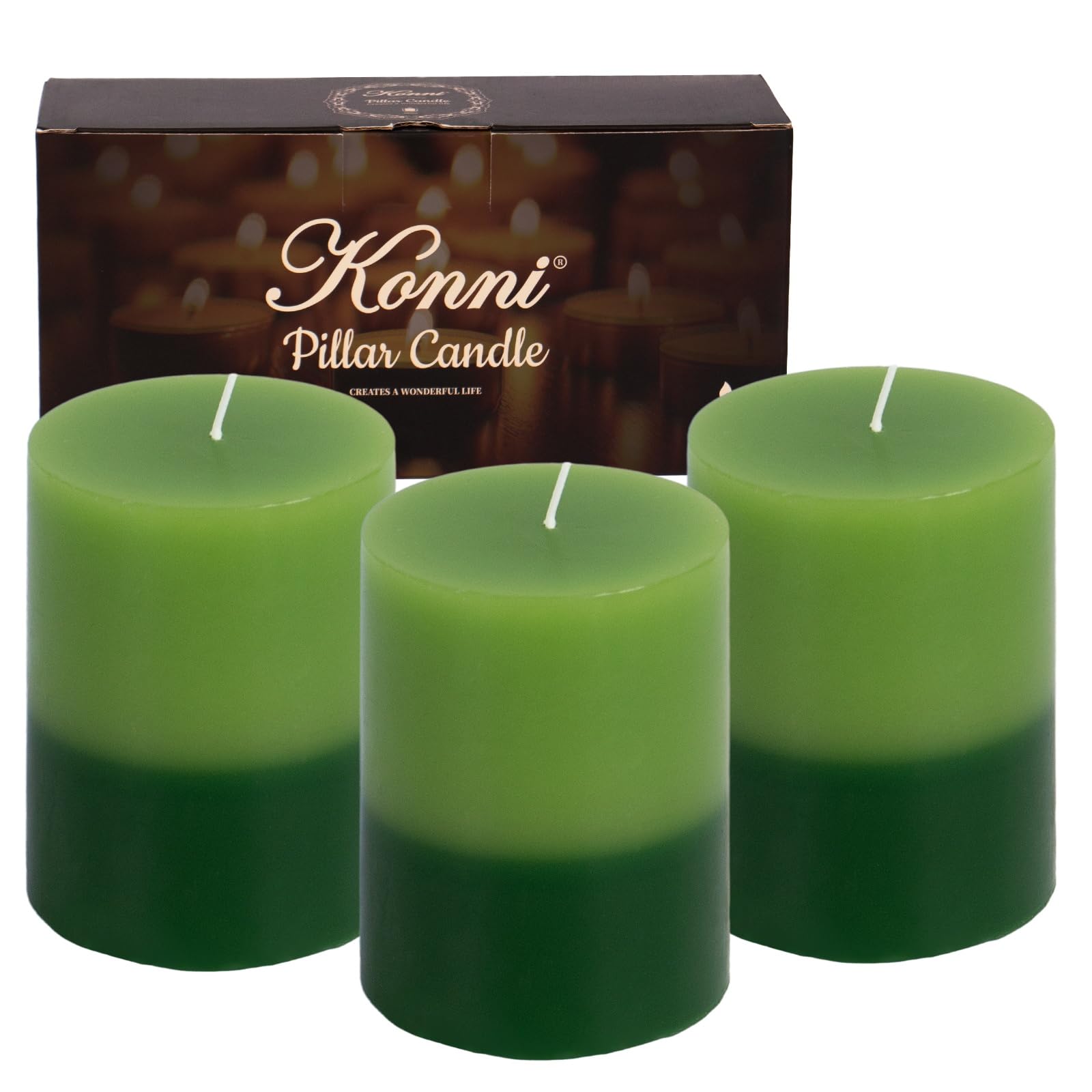 Photo 1 of KONNI Green Layered Pillar Candles Set of 3, 3"x 4" Unscented Pillar Candles Bulk, 39 Hours Long Burning Candles, Smokeless&Dripless Large Round Candle for Wedding, Home Decoration, Parties, Dinner
