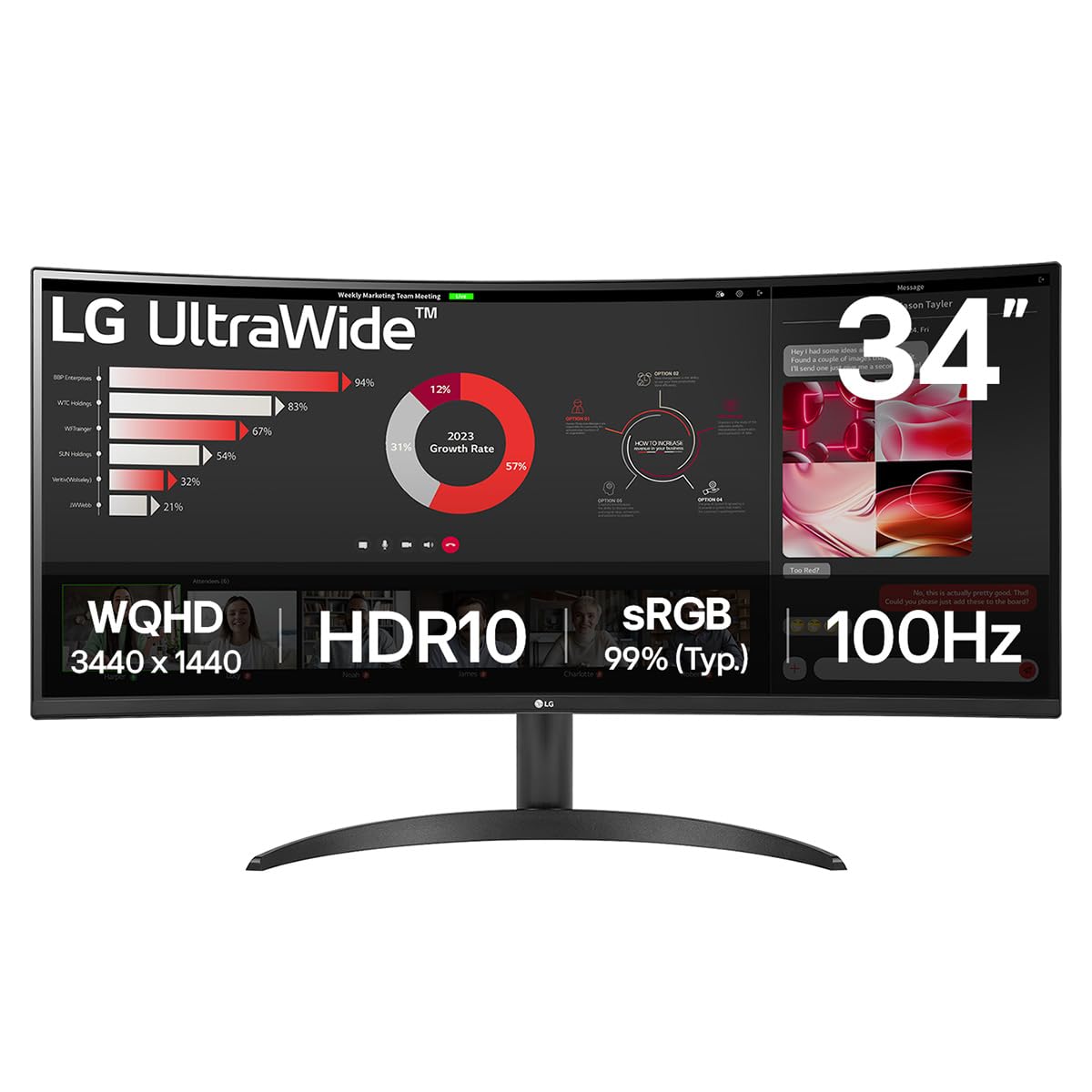 Lg Electronics Curved Ultrawide Monitor 34Wr50Qk, 34 Inch, 1440P, 100Hz, 5Ms Response Time, Va Panel, Smart Energy Saving, Displayport, Hdmi