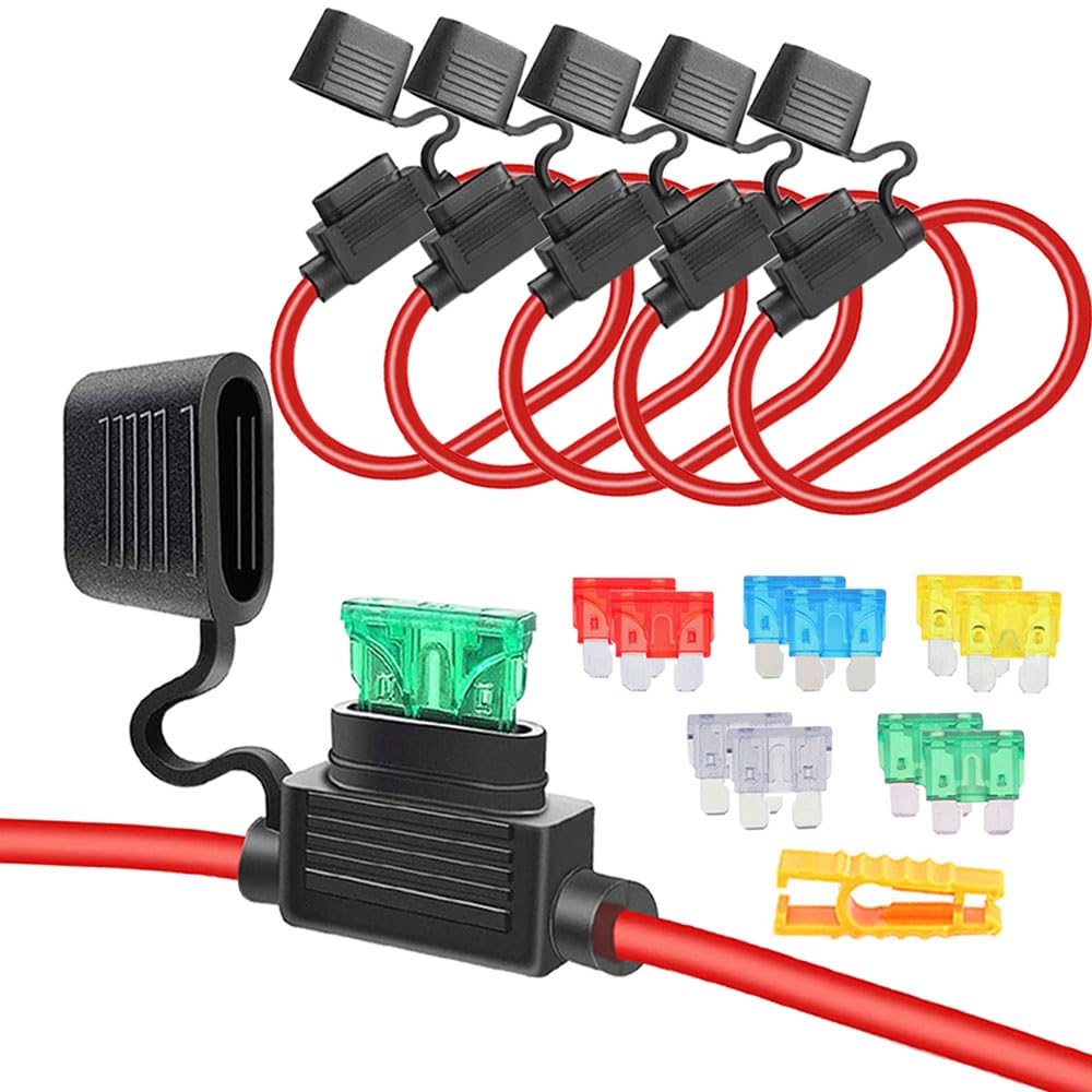 Aiqeer 5-Piece 32V 30A Waterproof Inline Fuse Holders with 16 AWG Wire, Black, Tin-Plated Zinc + ABS + PVC, Standard Blade Fuses & Fuse Puller
