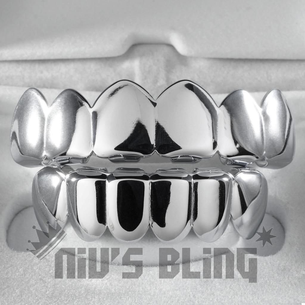 18K White Gold IP Plated GRILLZ Top & Bottom HipHop Silver (4STB) 18k white gold+Box