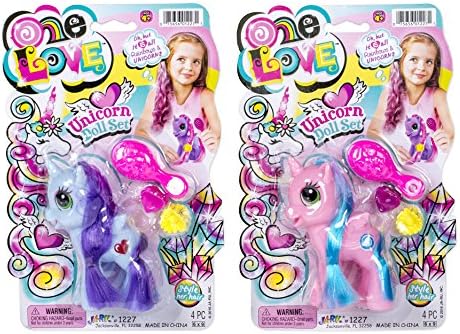 Set of 3 Unicorn Doll Set with Brush and Clips, Assorted Colors