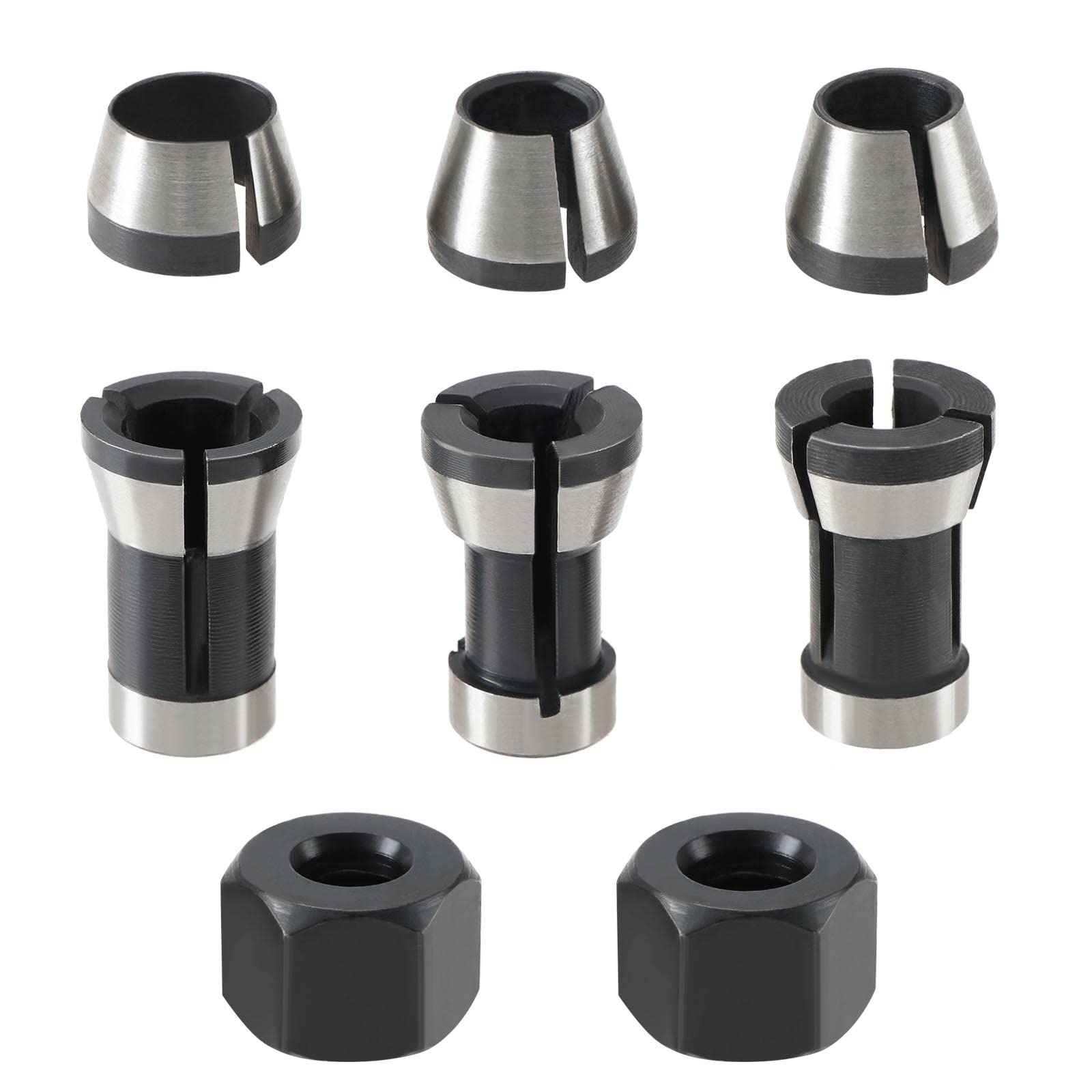 OTOTEC 8Pcs Router Bit Collet Chuck with Screw Nuts, Electric Router Clamp Adapter, 6mm, 6.35mm, 8mm for Engraving Machine