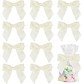 AIMUDI Ivory Bows for Wedding Decor 4.5" Pre-Tied Cream Satin Ribbon Twist Tie Bows for Treat Bags Ivory Ribbon Bows for Crafts Premade Bows for Gift Wrapping Baby Shower Party Favors - 36 PCs