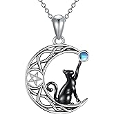 Flpruy Black Cat/Dragon/Fox/Wolf Necklace 925 Sterling Silver Celtic Moon Pentagram Pendant Gothic Jewelry Goth Halloween Gifts for Women