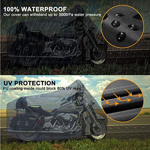 Motorcycle Cover,WDLHQC 300D Oxford Waterproof Motorcycle Vehicle Motorbike Scooter Covers Shelter for 105inch Honda,Yamaha,Suzuki, Harley,All Weather Outdoor Protection with Lock-Holes & Storage Bag