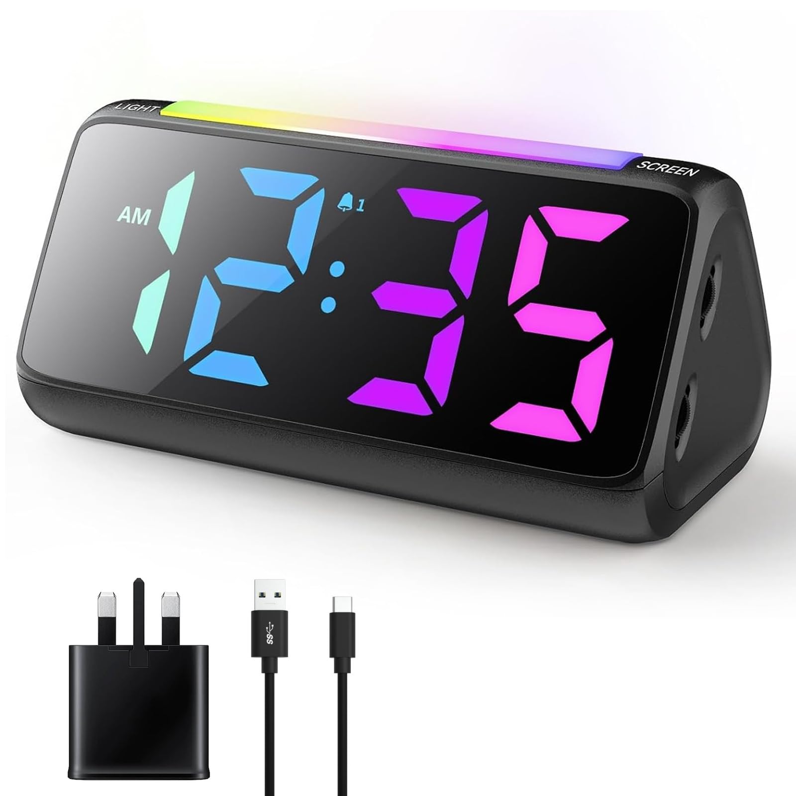 Netzu Alarm Clocks Bedside, Digital Clock for Bedroom, Kids Alarm Clock with RGB Nightlight, Large Digits, Full Range Brightness Dimmer, Snooze, Dual Alarm, 12/24H, Bedside Clock for Kids Adults