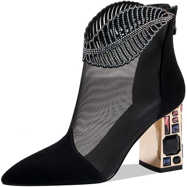 TinaCus Women's Genuine Leather Ankle Boots - Side Zip, Crystal Decor, Pointed Toe & Block Heel