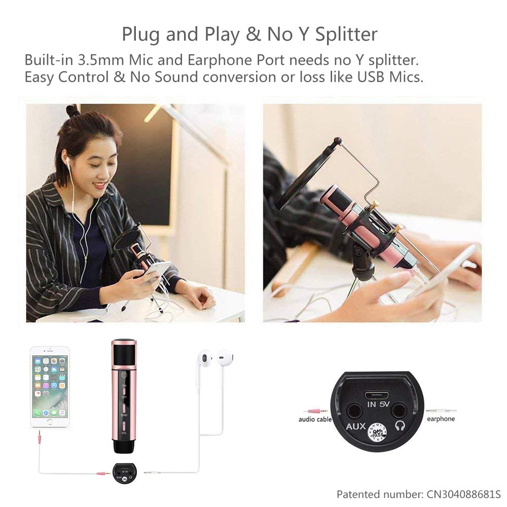 Condenser Microphone, ZealSound Plug&Play Broadcasting Recording Karaoke Microphone Home Studio w/ Mount Stand for iPhone Phone Windows/Mac Podcasters Smule Live Stream Podcasting YouTube (Rose Gold)