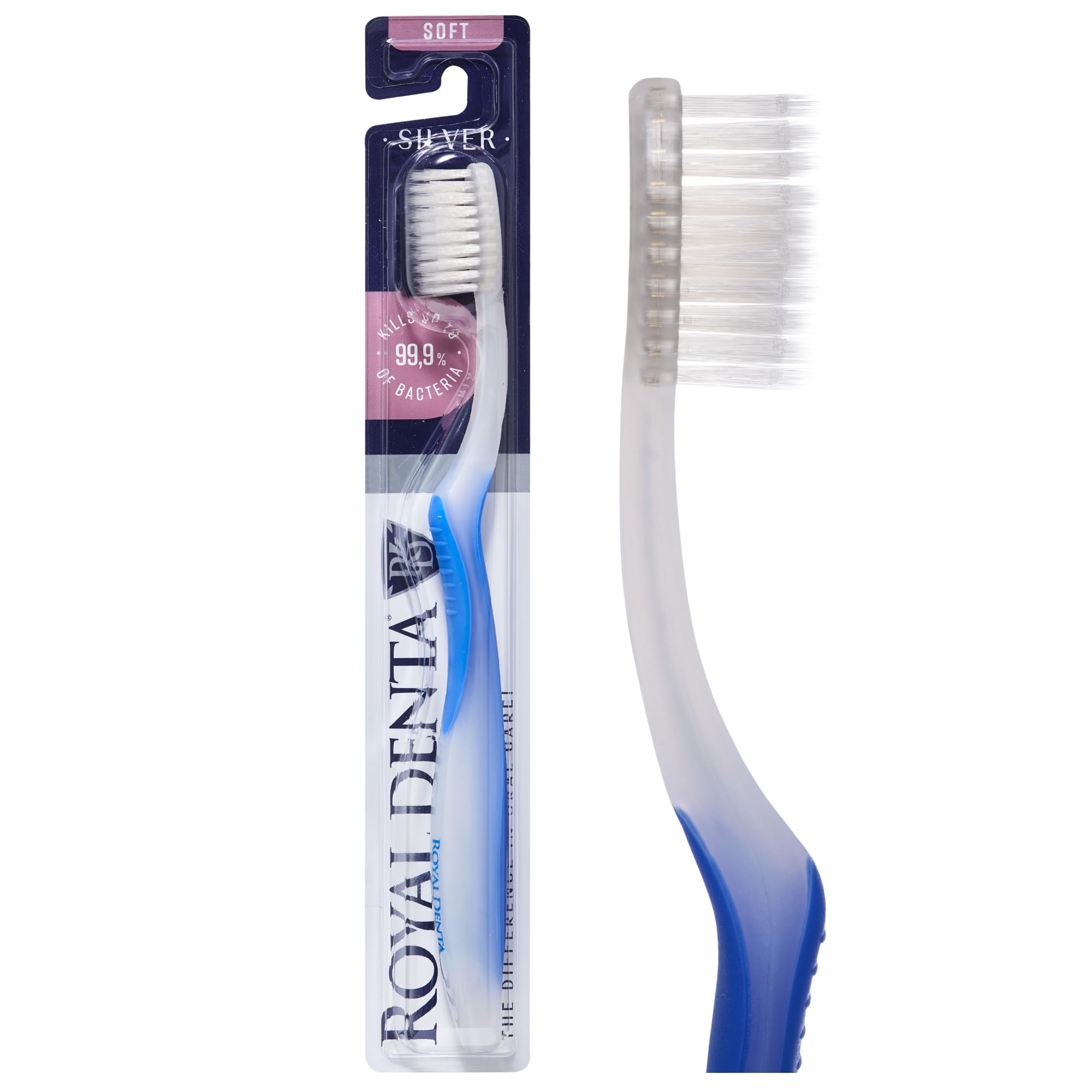 Royal Denta Manual Toothbrush for Adults, Soft Silver Infused Dual-Length Bristles Toothbrush Head Perfect as Interdental Brush, Soft on Gum & Enamel, Ergonomic Grip Handle for Daily Oral Care, Blue