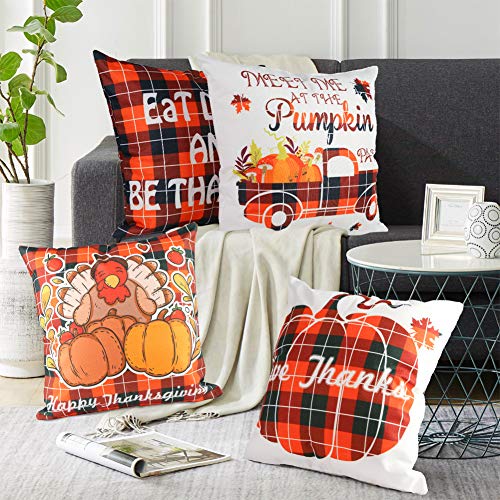 Johouse Thanksgiving Pillow Covers, 4PCS Fall Throw Pillow Covers Pumpkin Buffalo Plaid Throw Pillow Case Autumn Pillow Covers for Autumn Farm Decoration, 18×18inch